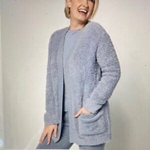 Barefoot Dreams Dusty Blue CozyChic Ribbed Knit Trim Cardigan Size Medium